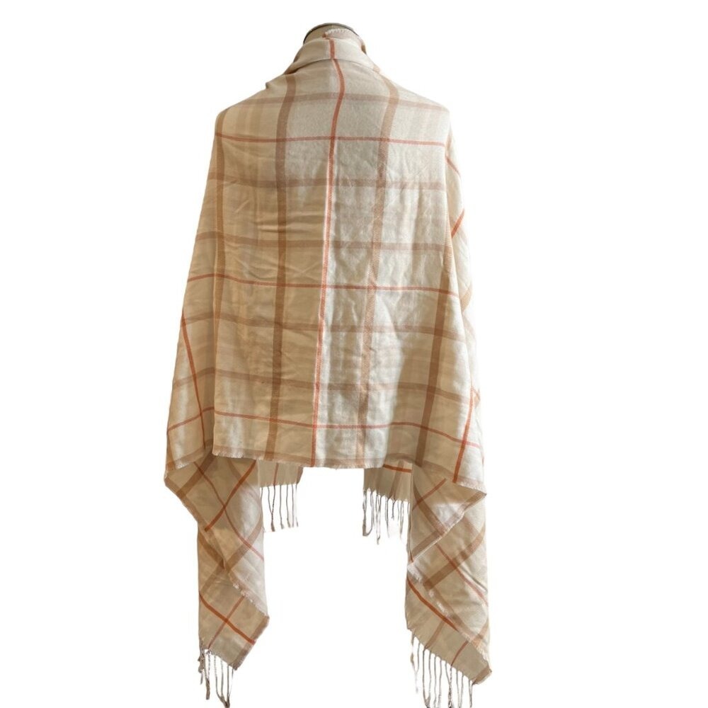 H&M Women's Plaid Fringe Scarf Wrap Shawl Cream Orange Tan - Picture 3 of 9